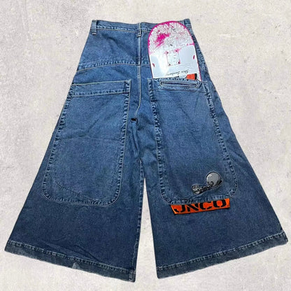 Loose Fit Retro Pattern Jeans Street Casual Wide Leg Pants