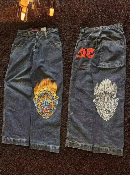 Loose Fit Retro Pattern Jeans Street Casual Wide Leg Pants