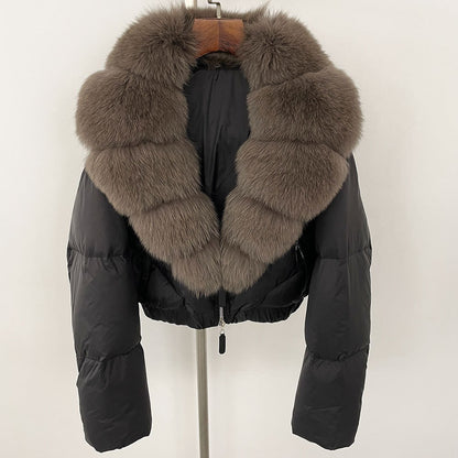 Loose Fit Winter Warm Fox Fur Collar Short Down Jacket