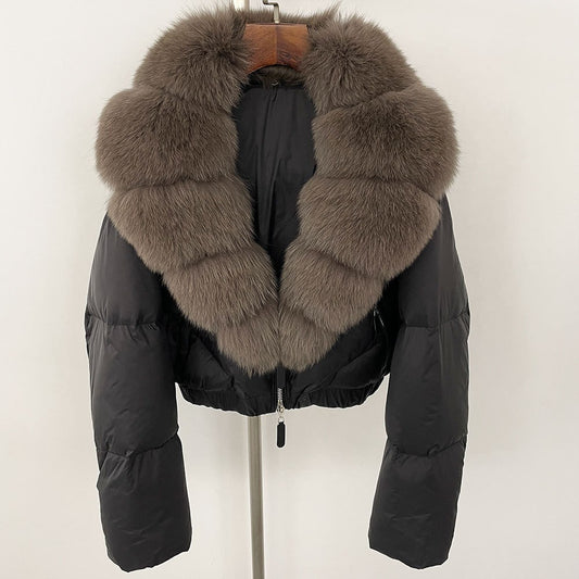 Loose Fit Winter Warm Fox Fur Collar Short Down Jacket