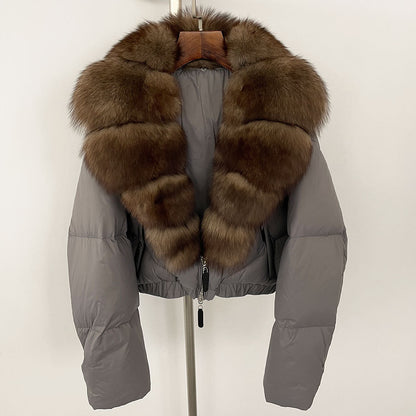 Loose Fit Winter Warm Fox Fur Collar Short Down Jacket
