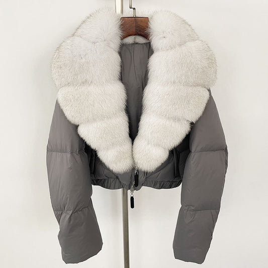 Loose Fit Winter Warm Fox Fur Collar Short Down Jacket