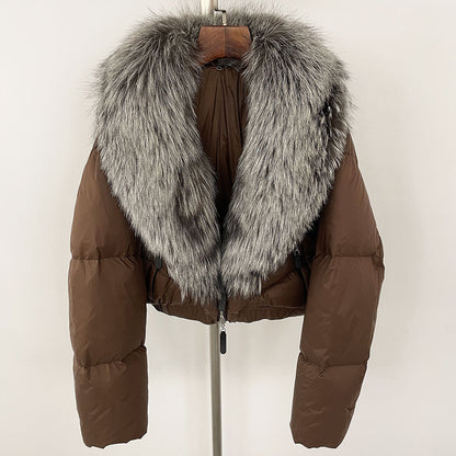 Loose Fit Winter Warm Fox Fur Collar Short Down Jacket