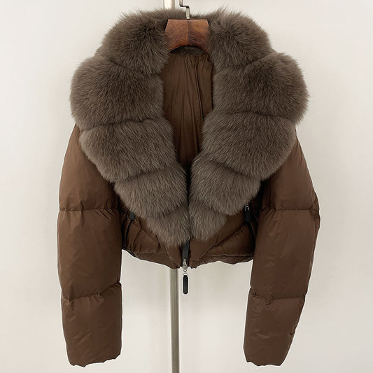 Loose Fit Winter Warm Fox Fur Collar Short Down Jacket