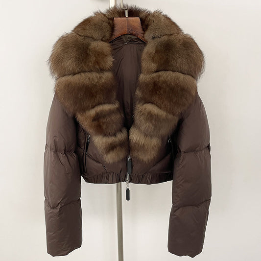 Loose Fit Winter Warm Fox Fur Collar Short Down Jacket