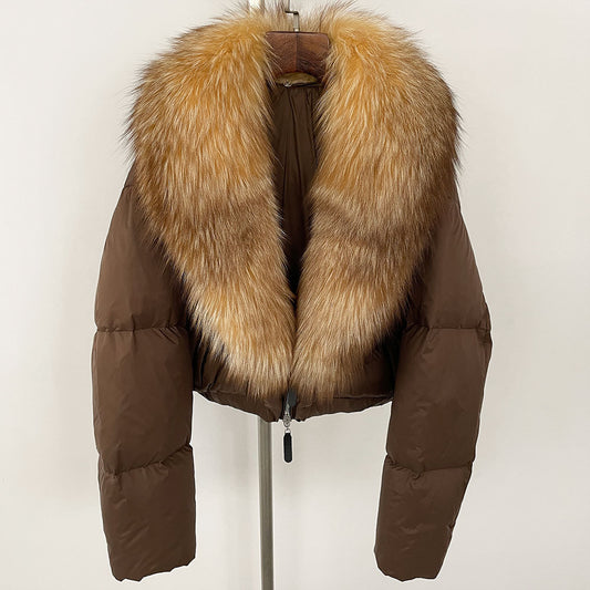 Loose Fit Winter Warm Fox Fur Collar Short Down Jacket