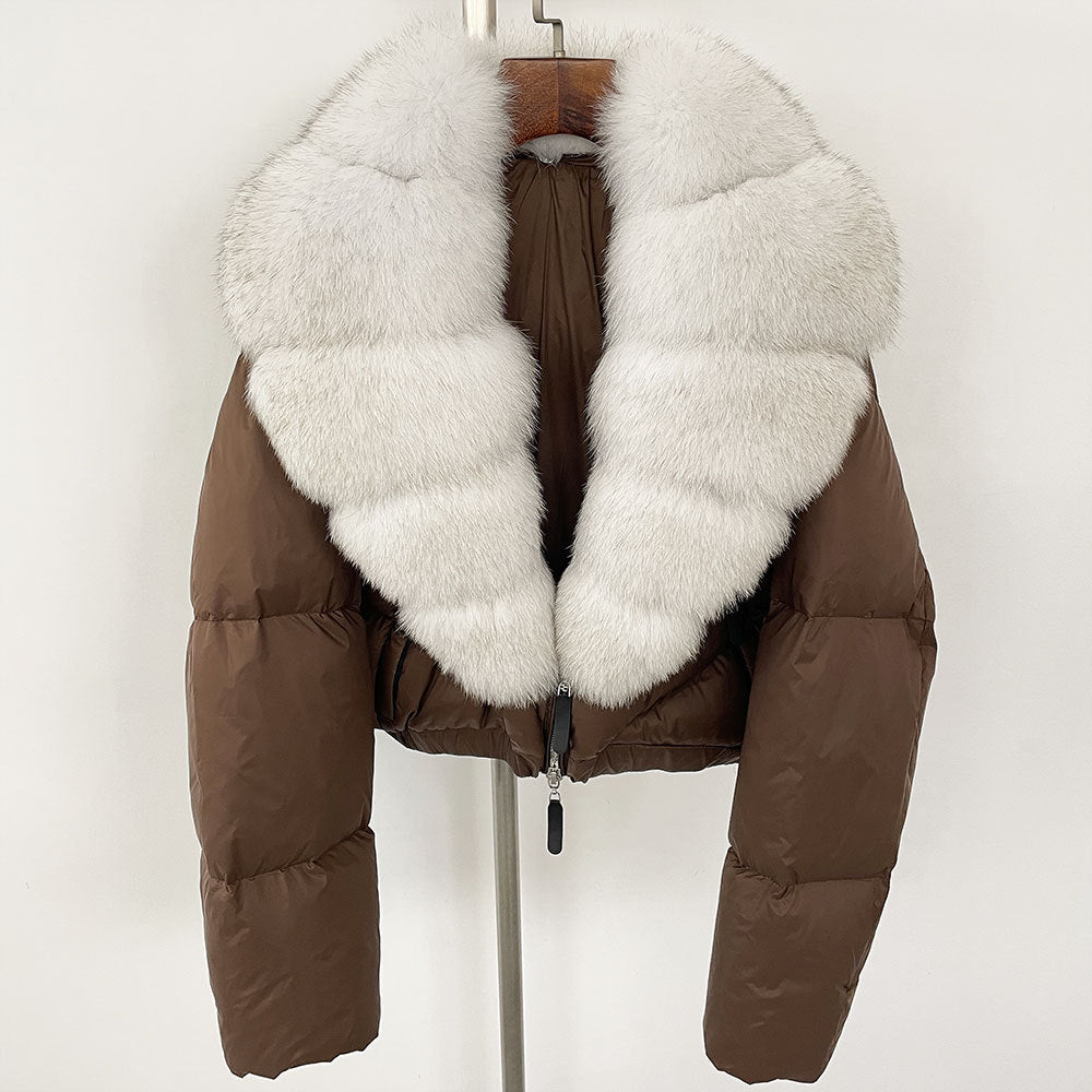 Loose Fit Winter Warm Fox Fur Collar Short Down Jacket