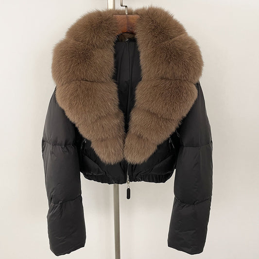 Loose Fit Winter Warm Fox Fur Collar Short Down Jacket