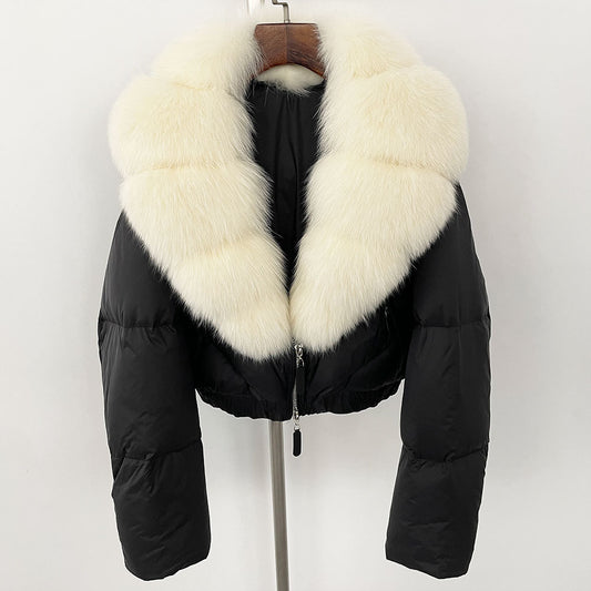 Loose Fit Winter Warm Fox Fur Collar Short Down Jacket