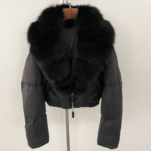 Loose Fit Winter Warm Fox Fur Collar Short Down Jacket