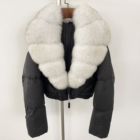Loose Fit Winter Warm Fox Fur Collar Short Down Jacket