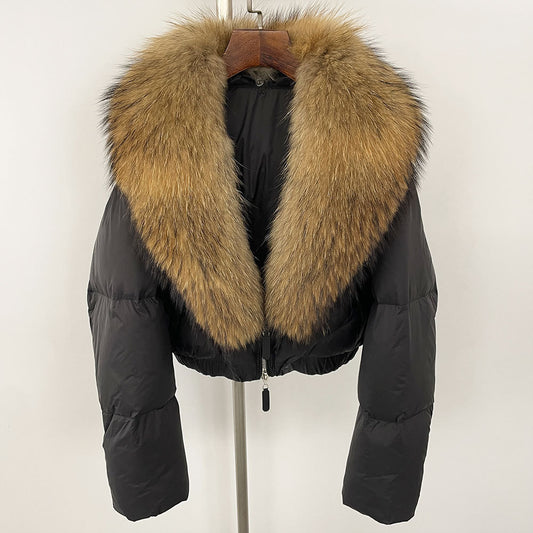 Loose Fit Winter Warm Fox Fur Collar Short Down Jacket