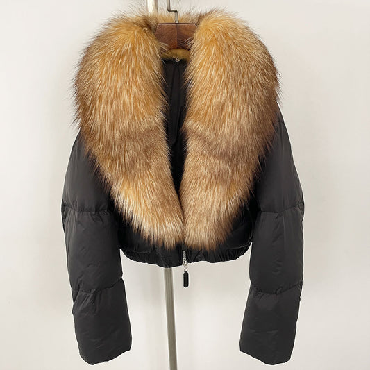 Loose Fit Winter Warm Fox Fur Collar Short Down Jacket