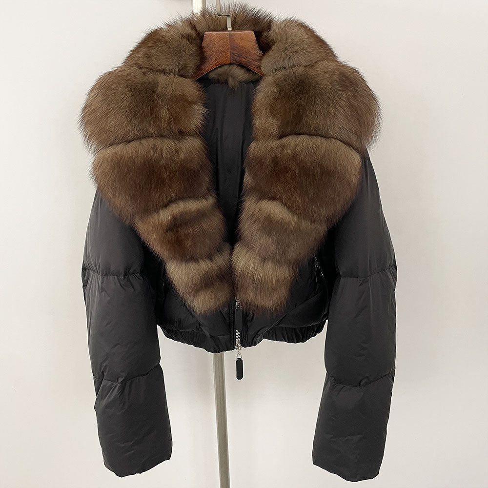 Loose Fit Winter Warm Fox Fur Collar Short Down Jacket