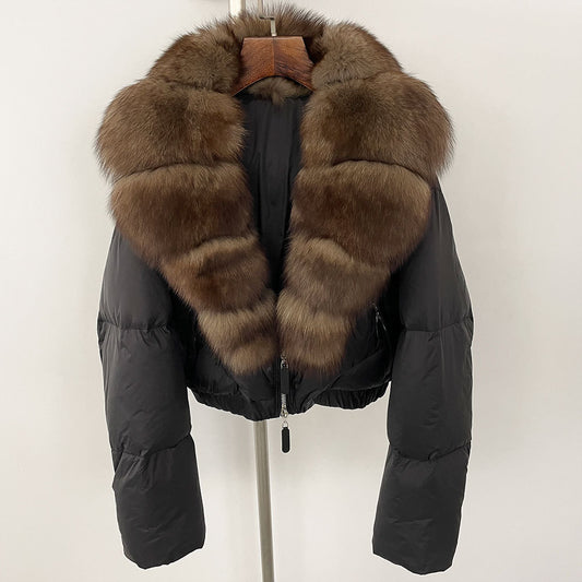 Loose Fit Winter Warm Fox Fur Collar Short Down Jacket