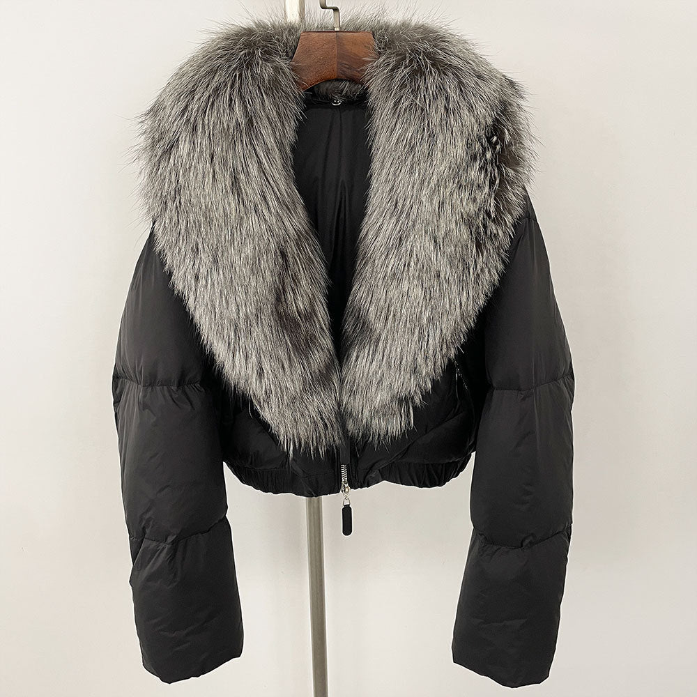 Loose Fit Winter Warm Fox Fur Collar Short Down Jacket