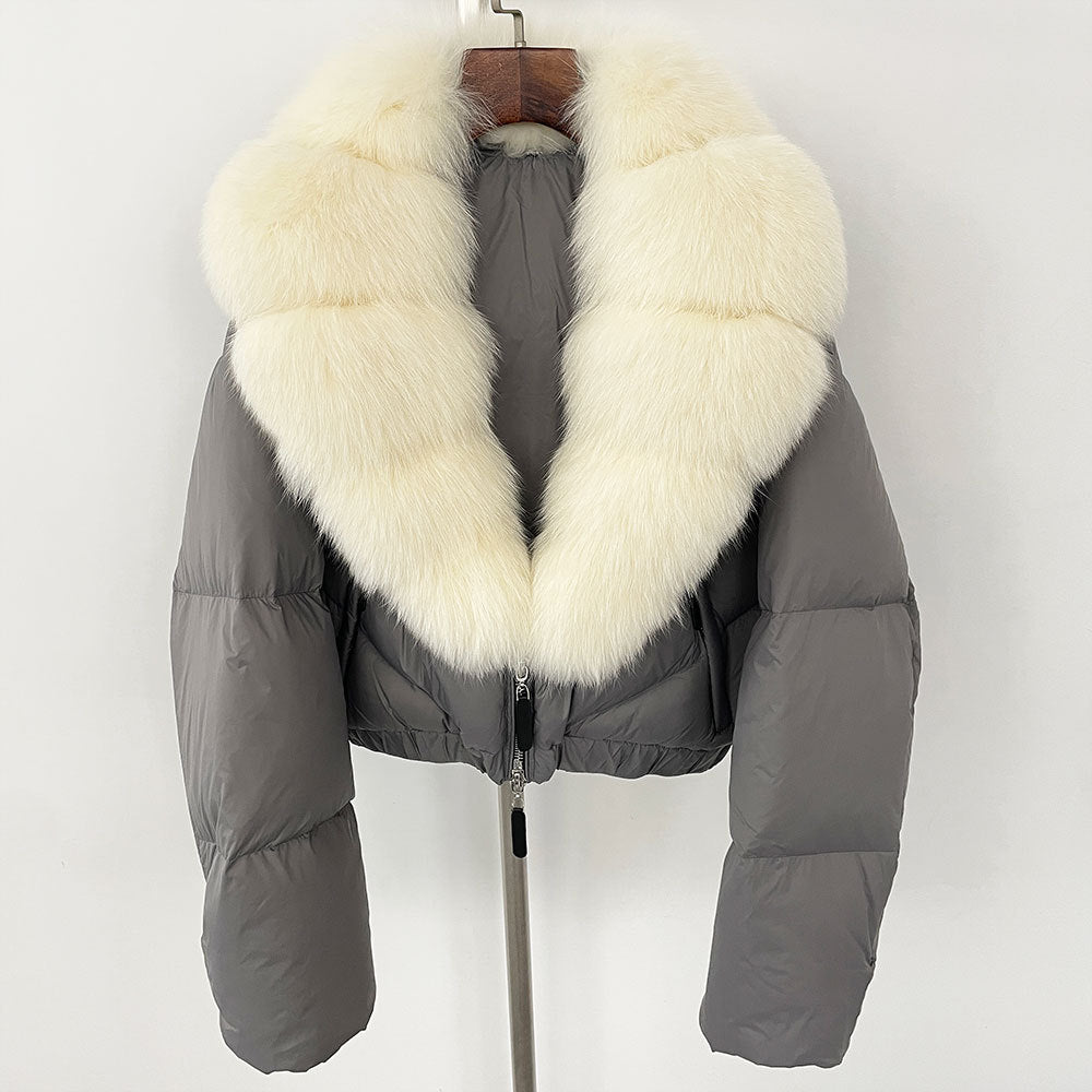 Loose Fit Winter Warm Fox Fur Collar Short Down Jacket
