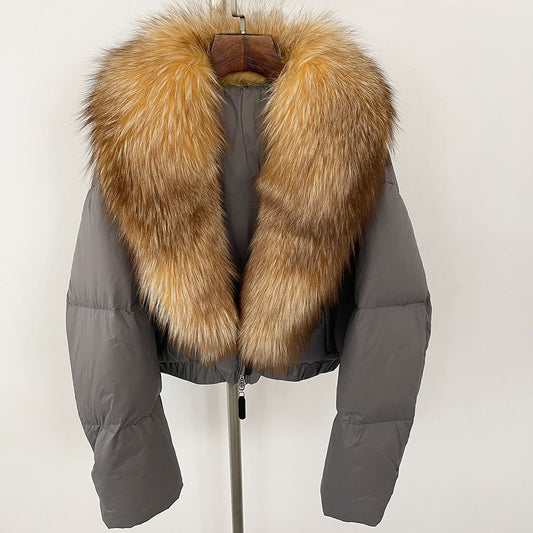 Loose Fit Winter Warm Fox Fur Collar Short Down Jacket