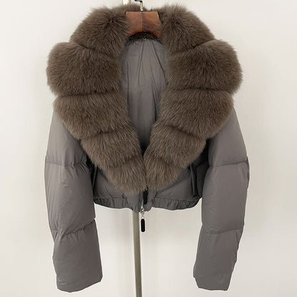 Loose Fit Winter Warm Fox Fur Collar Short Down Jacket