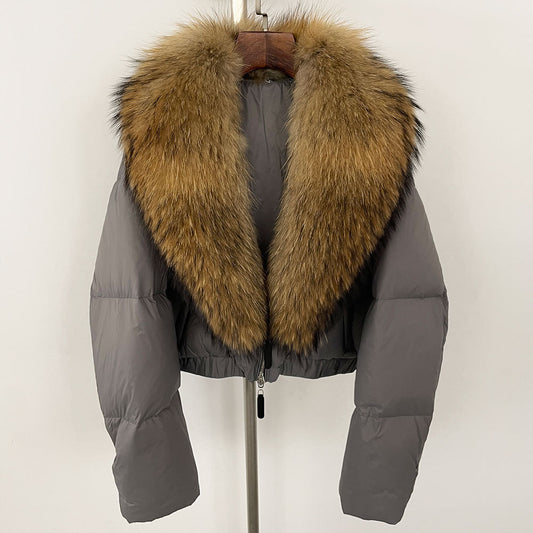 Loose Fit Winter Warm Fox Fur Collar Short Down Jacket