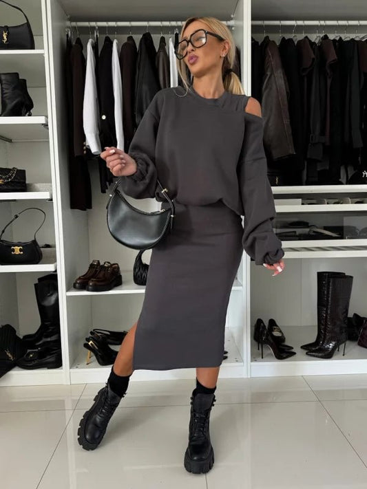 Loose-fitting off-the-shoulder batwing sleeve cropped sweatshirt set