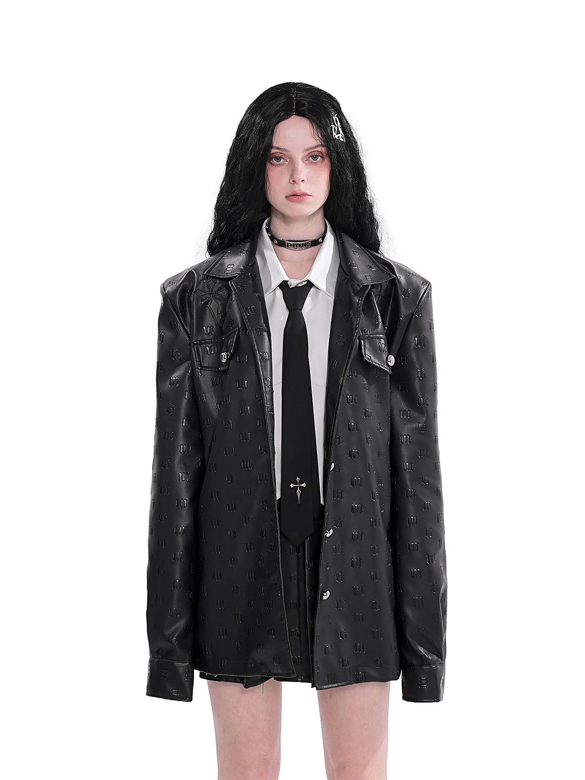 Loose-Fitting Shirt Jacket with Shoulder Pads and Cross Patchwork