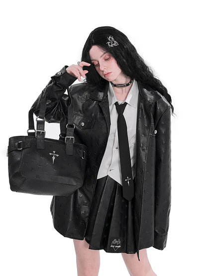 Loose-Fitting Shirt Jacket with Shoulder Pads and Cross Patchwork