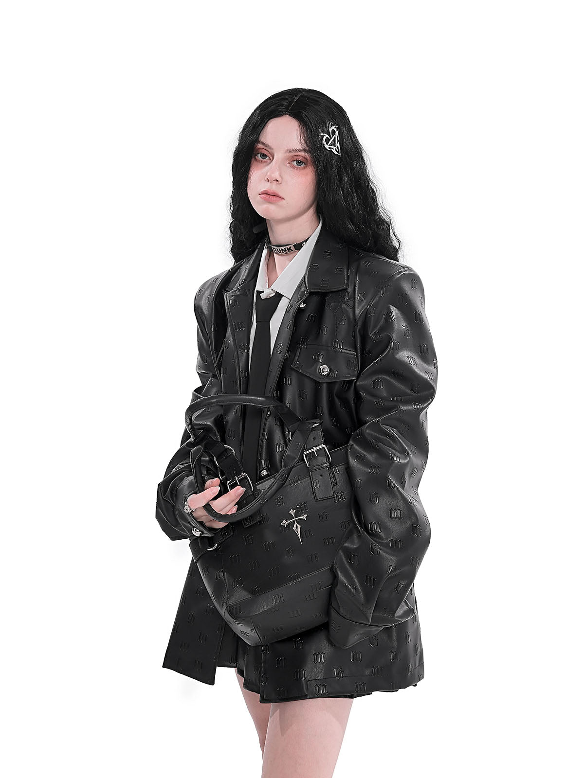 Loose-Fitting Shirt Jacket with Shoulder Pads and Cross Patchwork