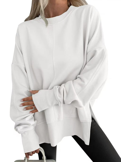 Loose-fitting sweatshirt with side slits and crew neck short sleeves
