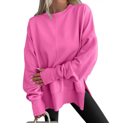 Loose-fitting sweatshirt with side slits and crew neck short sleeves