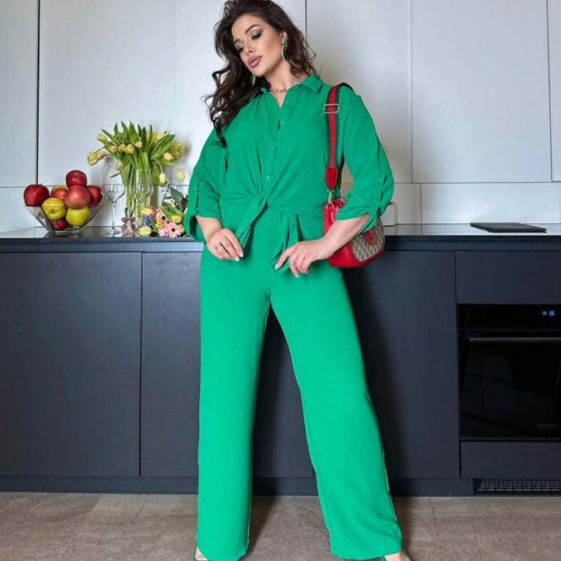 Loose-fitting top and straight-leg pants set