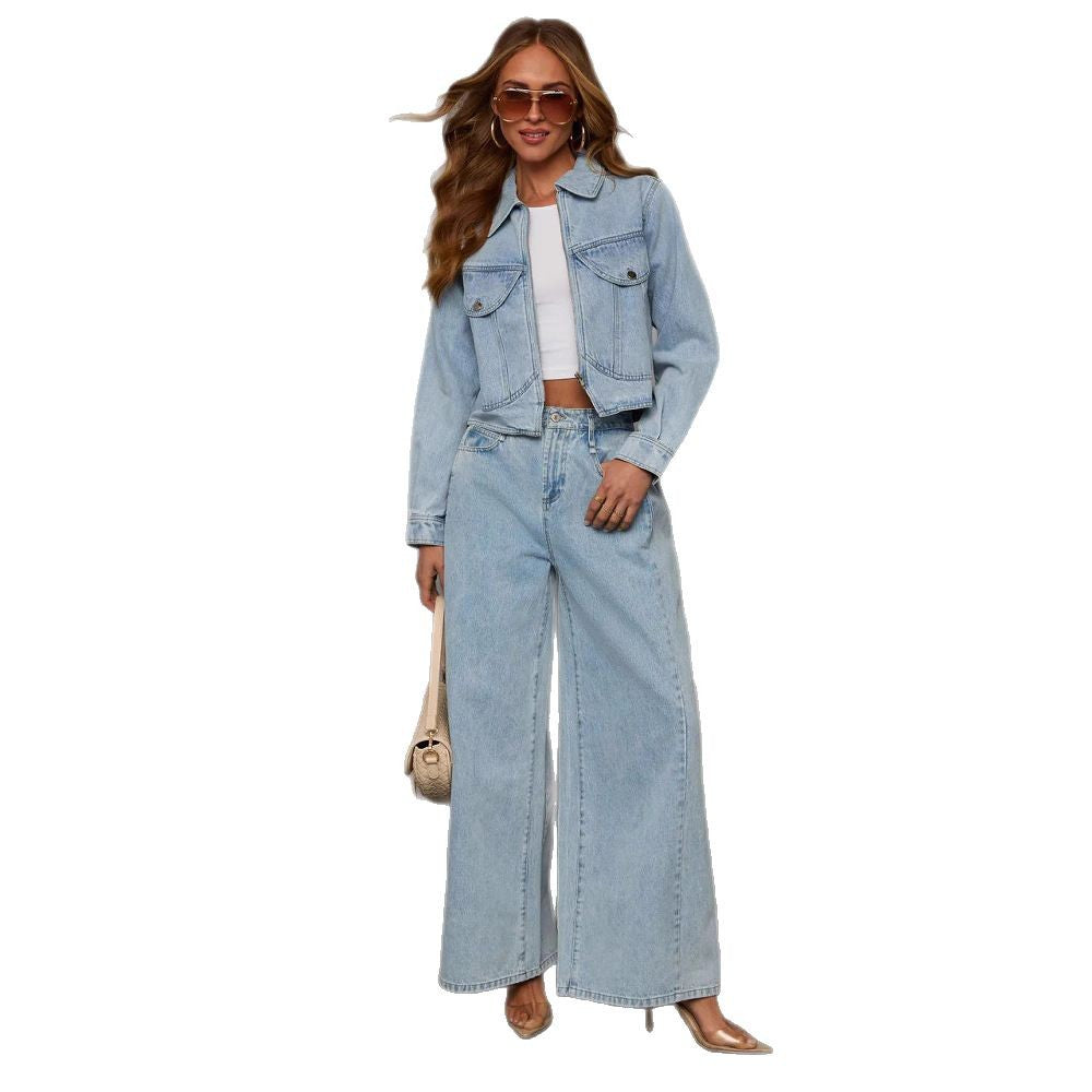 Loose-fitting women's denim jacket and pants set