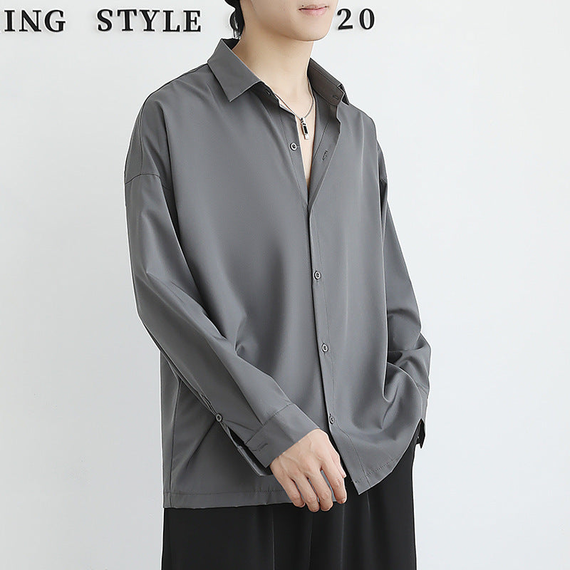 Loose Ice Silk Men's Long Sleeve Shirt - Black/White/Dark Gray