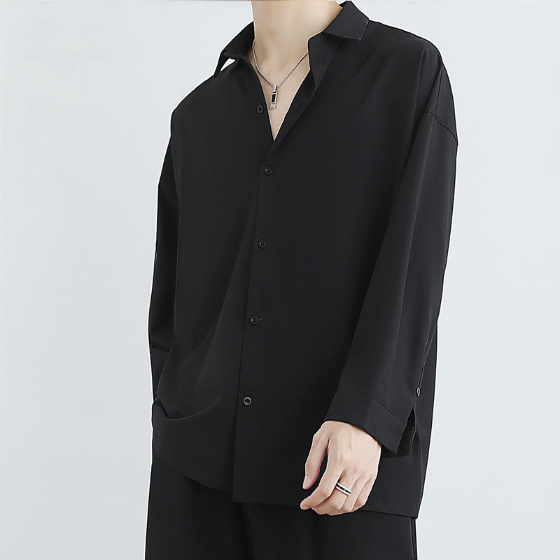 Loose Ice Silk Men's Long Sleeve Shirt - Black/White/Dark Gray