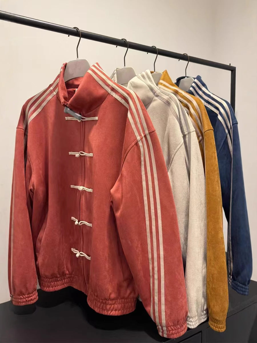 Loose jacket with stand-up collar and buckles
