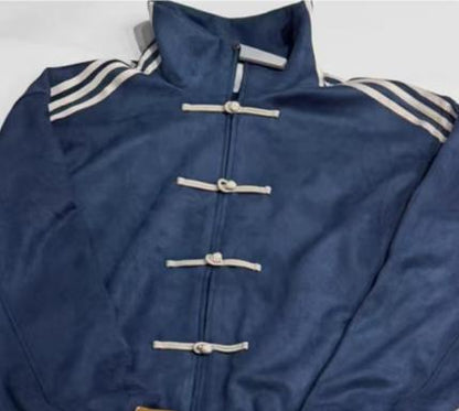 Loose jacket with stand-up collar and buckles