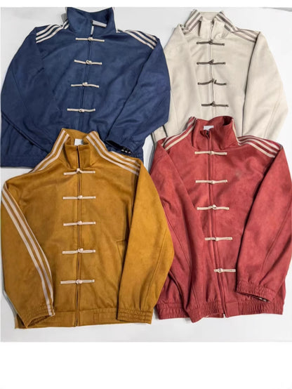 Loose jacket with stand-up collar and buckles