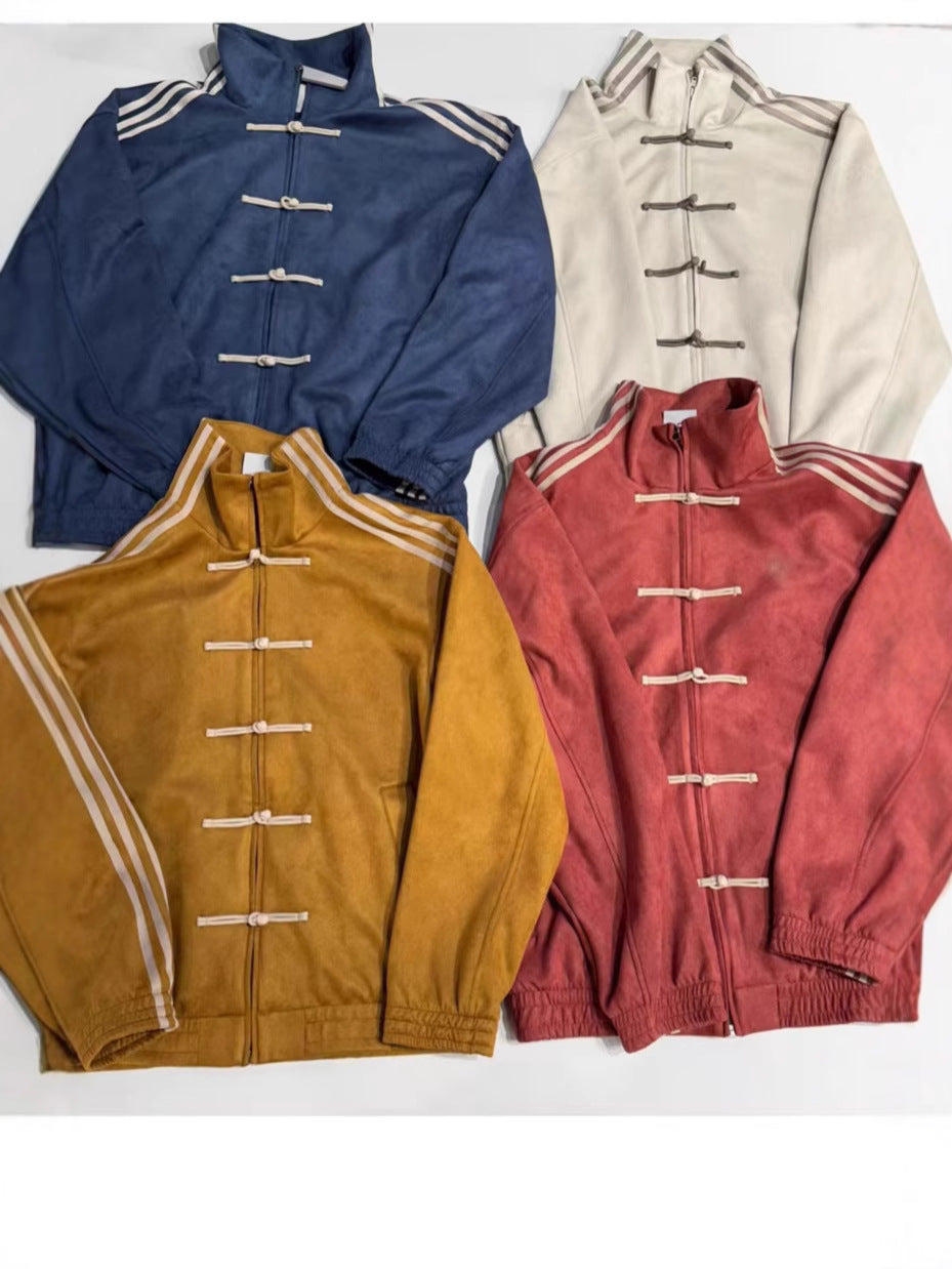 Loose jacket with stand-up collar and buckles