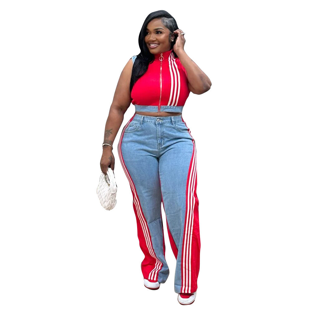 Loose-jointed denim wide-leg pants set