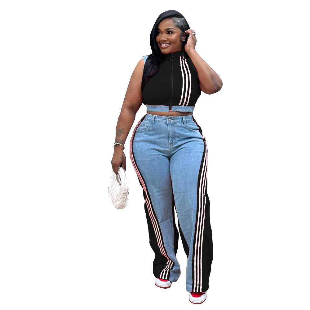 Loose-jointed denim wide-leg pants set