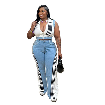 Loose-jointed denim wide-leg pants set