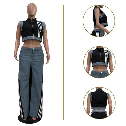 Loose-jointed denim wide-leg pants set