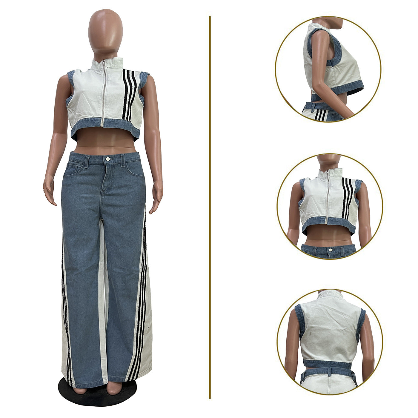 Loose-jointed denim wide-leg pants set