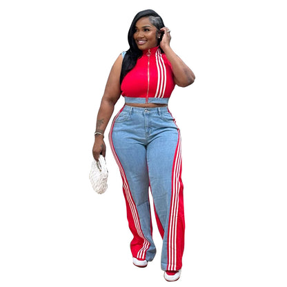 Loose-jointed denim wide-leg pants set