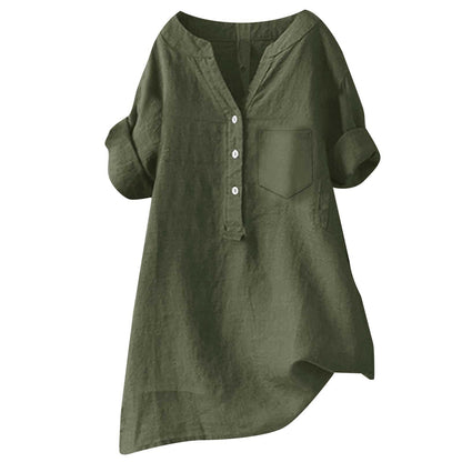 Loose Stand Collar Cotton Linen Short Sleeve Top