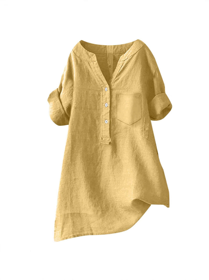 Loose Stand Collar Cotton Linen Short Sleeve Top