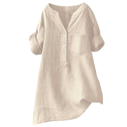 Loose Stand Collar Cotton Linen Short Sleeve Top