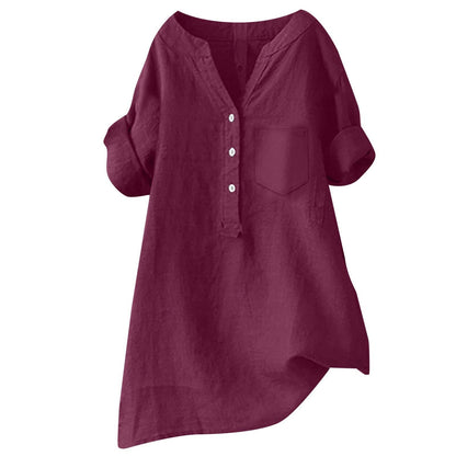 Loose Stand Collar Cotton Linen Short Sleeve Top