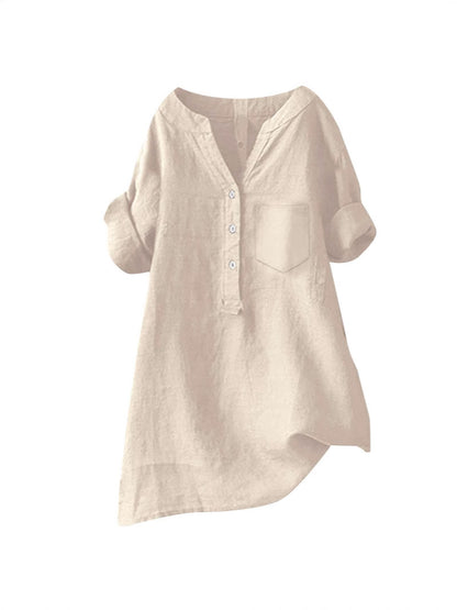 Loose Stand Collar Cotton Linen Short Sleeve Top