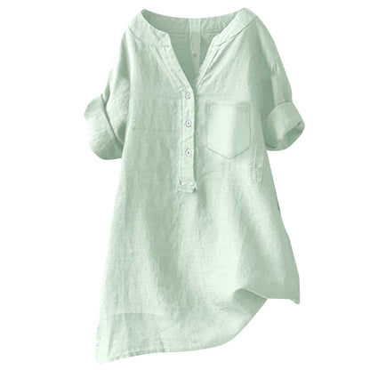Loose Stand Collar Cotton Linen Short Sleeve Top